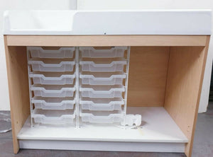Lockable storage cabinet with 12 small (3" high) translucent bins - RETAIL $615